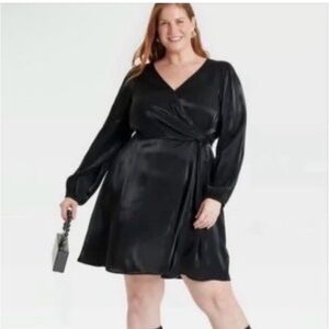 Ava & Viv 1X Black V-Neck DRESS WRAP long Sleeve NWT drape
